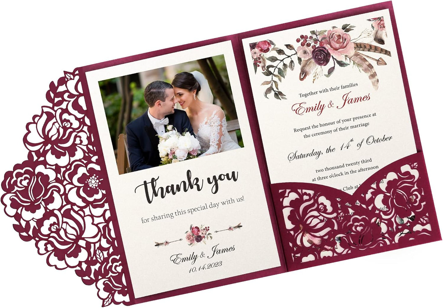 DORIS HOME 50pcs Laser Cut Wedding Invitations with Envelopes Burgundy, 4.7x7.1 Personalized Invitation Cards for Wedding, Anniversary Invitations with Envelopes