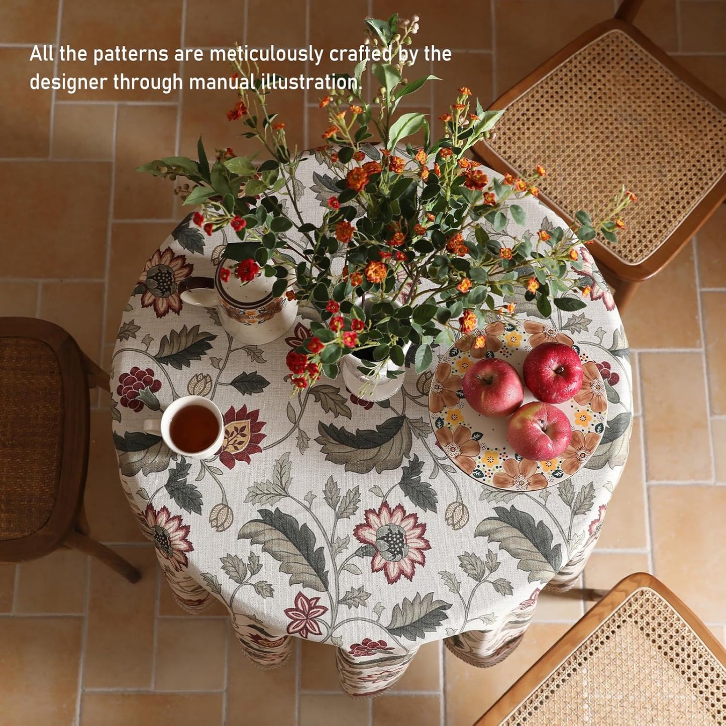 ISAENNE Designer Provence Floral Small Round Tablecloth,Linen Colorful Washable Indoor Table Cloth,Durable Home Decor Tablecloths for Dining Thanksgiving Kitchen Christmas,Diameter 55"-Ratina
