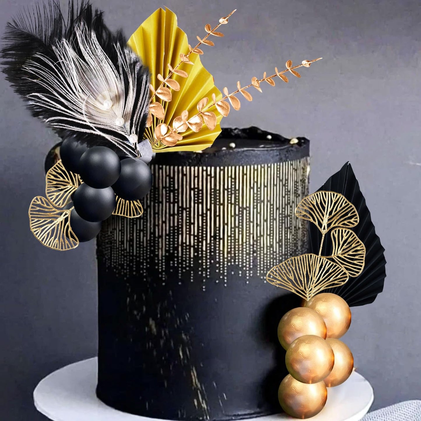 Boho Cake Topper Man Cake Toppers Happy Birthday Cake Topper Black Gold Balls Cake Decorations for Roaring 20s Cake Decoration Wedding Baby Shower Party Decoration
