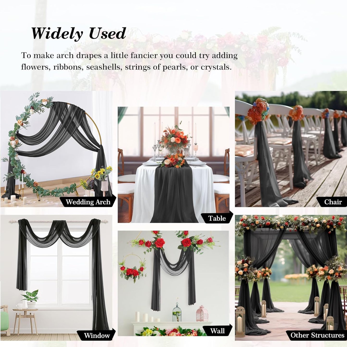 1 Panels Wedding Arch Draping Fabric Black Sheer Backdrop Curtain Arch Drape for Wedding Ceremony Reception,Bridal Shower Party Decorations 28" X 19ft