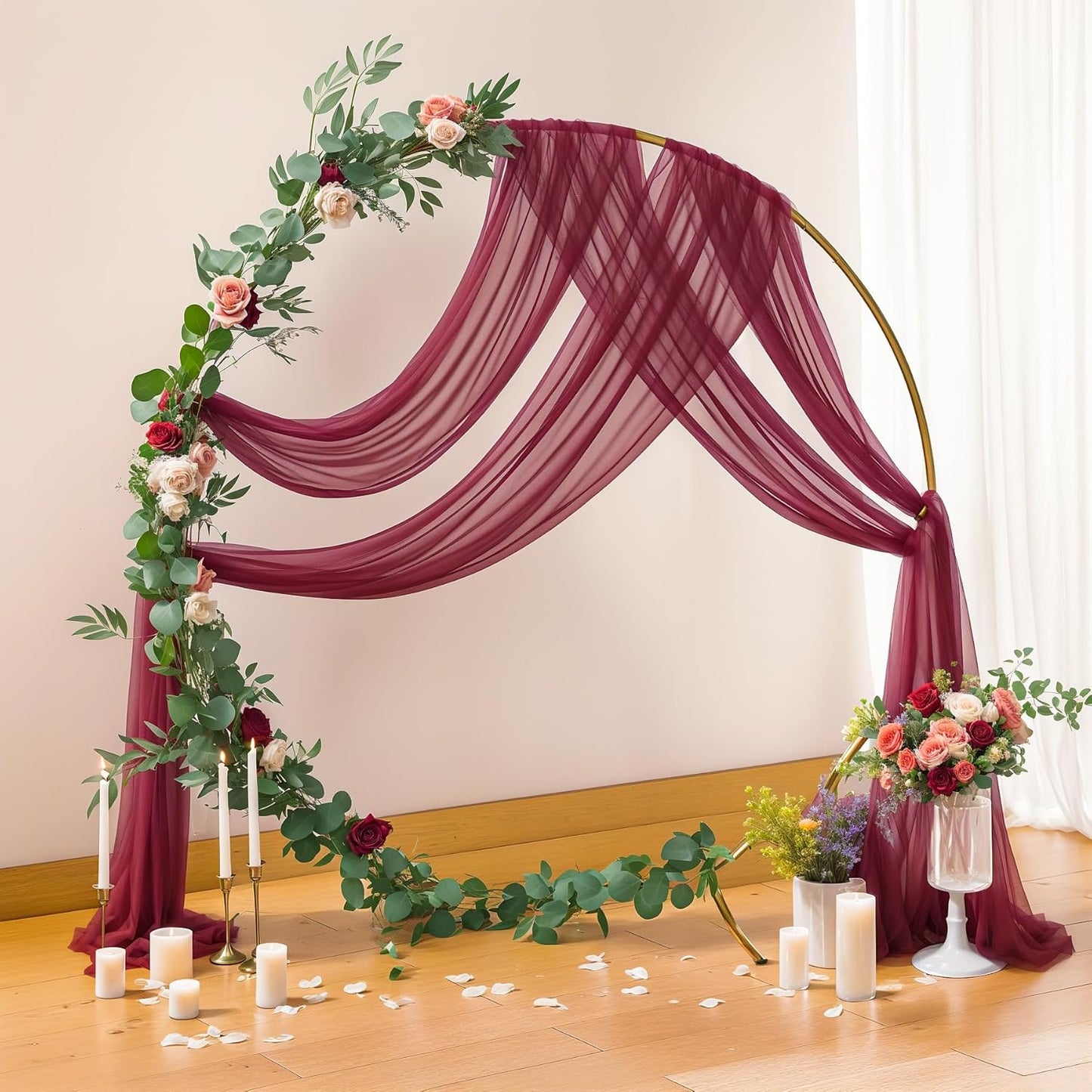 1 Panels Wedding Arch Draping Fabric Burgundy Sheer Backdrop Curtain Arch Drape for Wedding Ceremony Reception,Bridal Shower Party Decorations 28" X 19ft