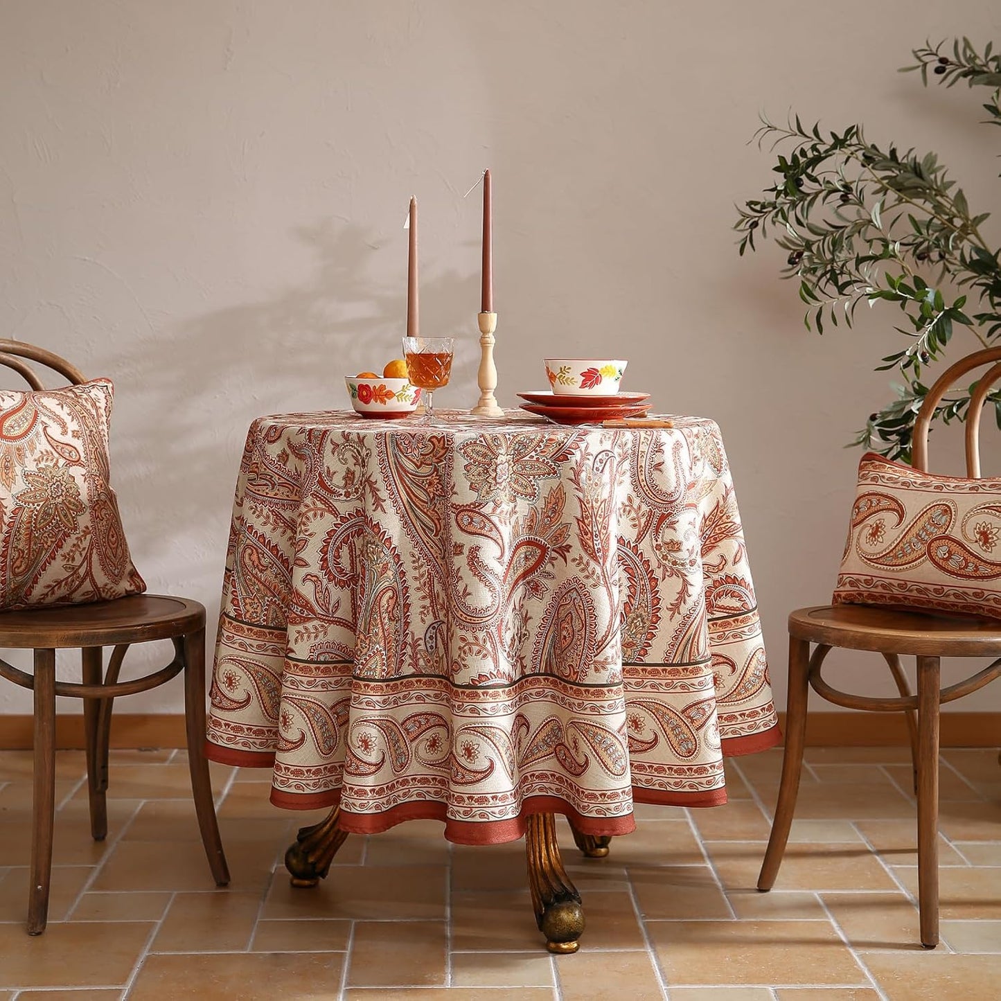 ISAENNE Designer French Red Round Square Tablecloth,Linen Table Cloth with Cashew Pattern,Stain Proof Decor Tablecloths for Dining Thanksgiving Kitchen Christmas,Diameter 55"-Chauffrey D