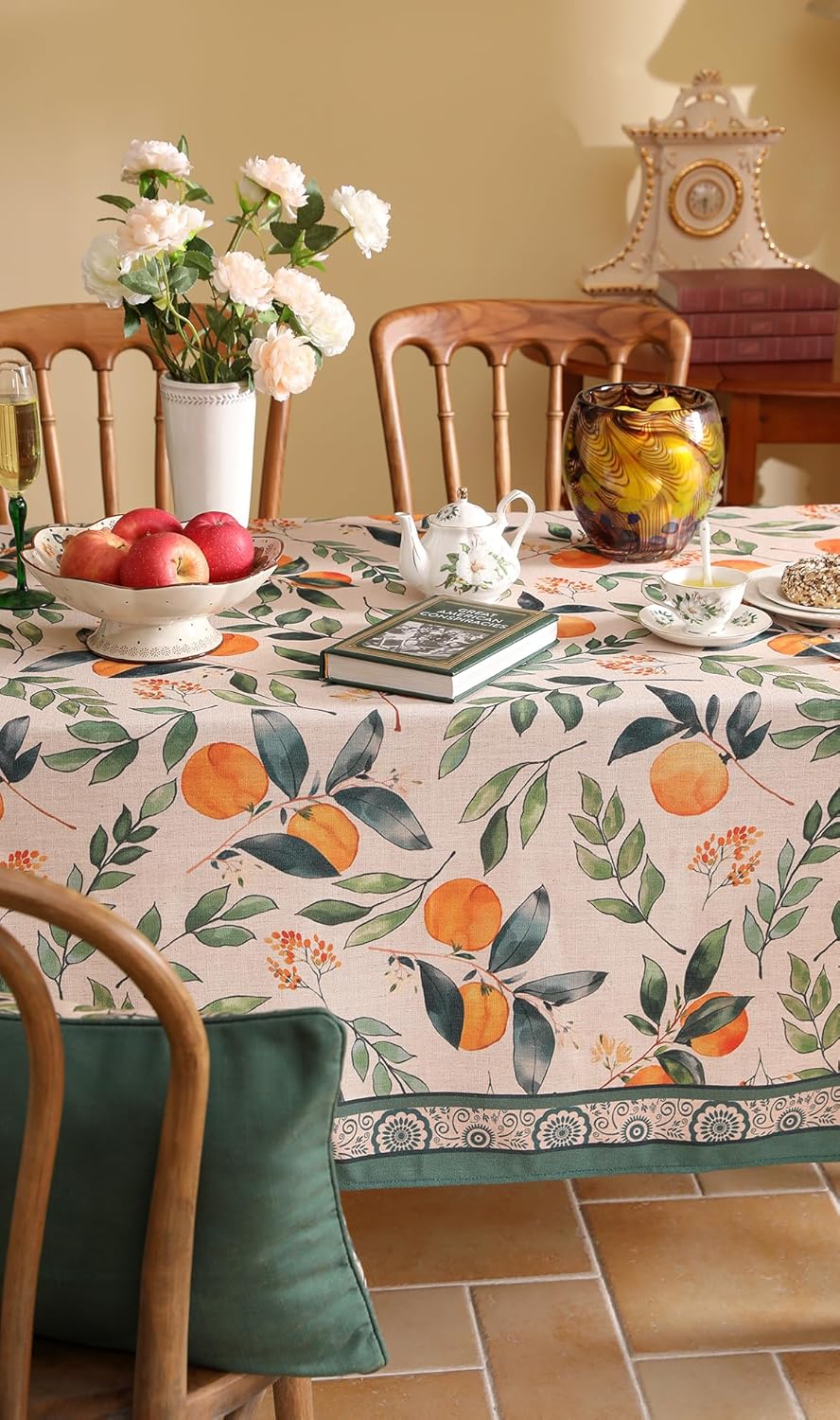 patdrea Designer Vintage Linen Rectangle Extra Long Table Cloth,Framhouse Oranges and Leaves Pattern French Tablecloth,Decor Cover for Kitchen Dining Christmas,Thanksgiving,63"x110"-Palladin a
