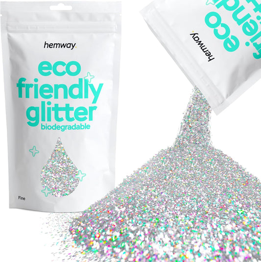 Hemway Eco Friendly Biodegradable Glitter 100g / 3.5oz Bio Cosmetic Safe Sparkle Vegan For Face, Eyeshadow, Body, Hair, Nail And Festival Makeup, Craft - Fine (1/64" 0.015" 0.4mm) - Silver Holographic