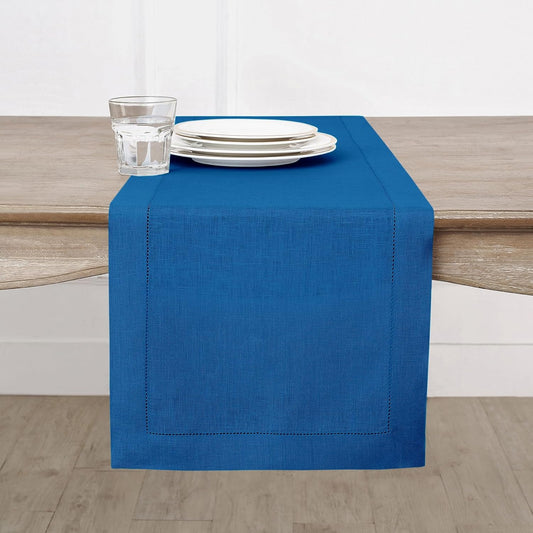 Solino Home Linen Indigo Blue Table Runner 90 Inches Long - 100% Pure Linen 14 x 90 Inch Table Runner for Fall, Autumn, Christmas - Classic Hemstitch