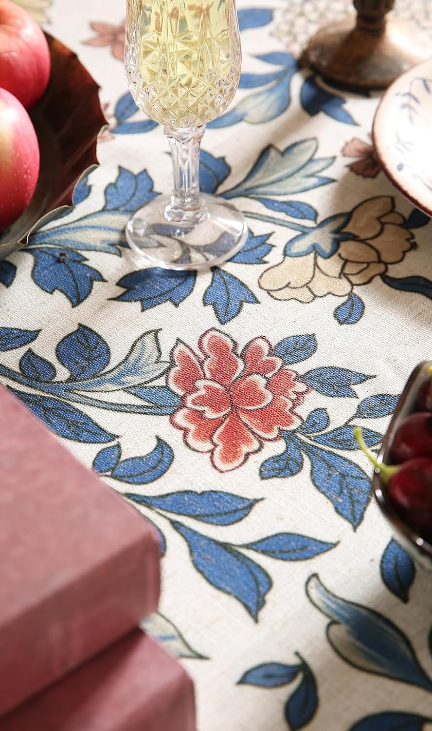 patdrea Designer Blue Tablecloth for Rectangle Table,Vintage Linen with Leaves and Floral Pattern Long Tablecloths,Farmhouse Decor Cover for Kitchen Dining Christmas,Thanksgiving,63"x102"-Ivar a