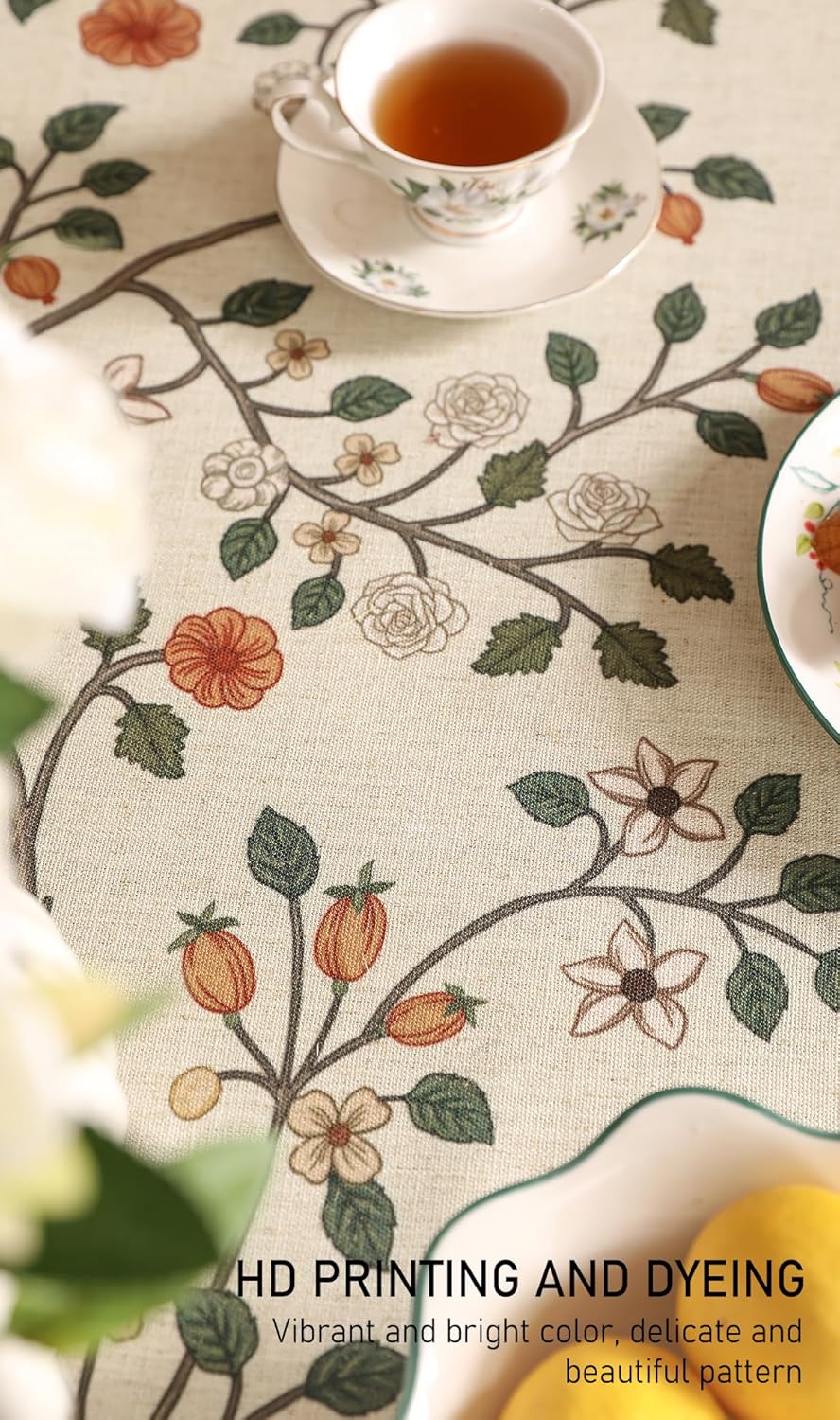 ISAENNE Designer Floral Small Round Tablecloth,French Linen Light Beige Indoor Table Cloth,Fall Wrinkle Resistant Decor Tablecloths for Dining Thanksgiving Kitchen Party,Diameter 55"-Flora A