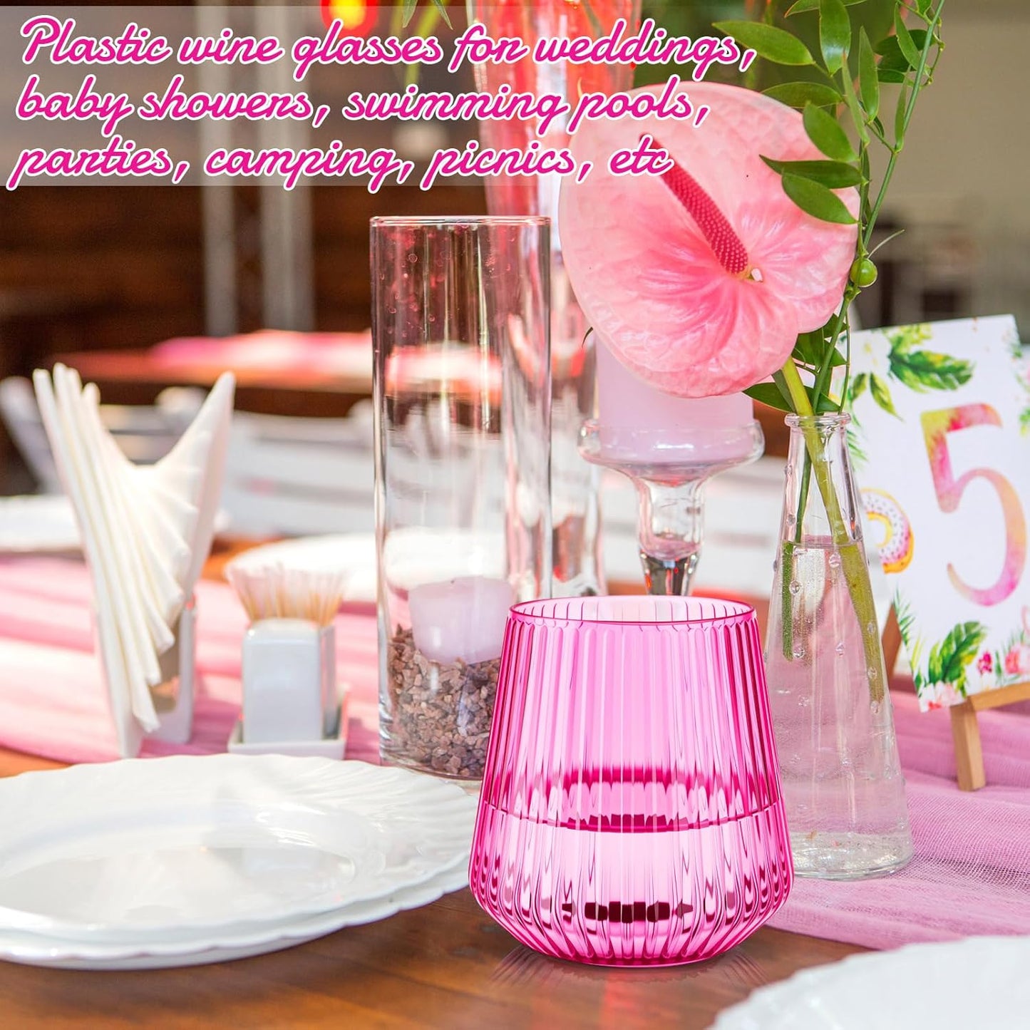 Suclain 50 Pcs Plastic Wine Glasses Ribbed Stemless Wine Glasses 14oz Vertical Design Unbreakable Cups for Outdoor Indoor Vintage Elegant Champagne Whiskey Cups for Party Wedding (Hot Pink)