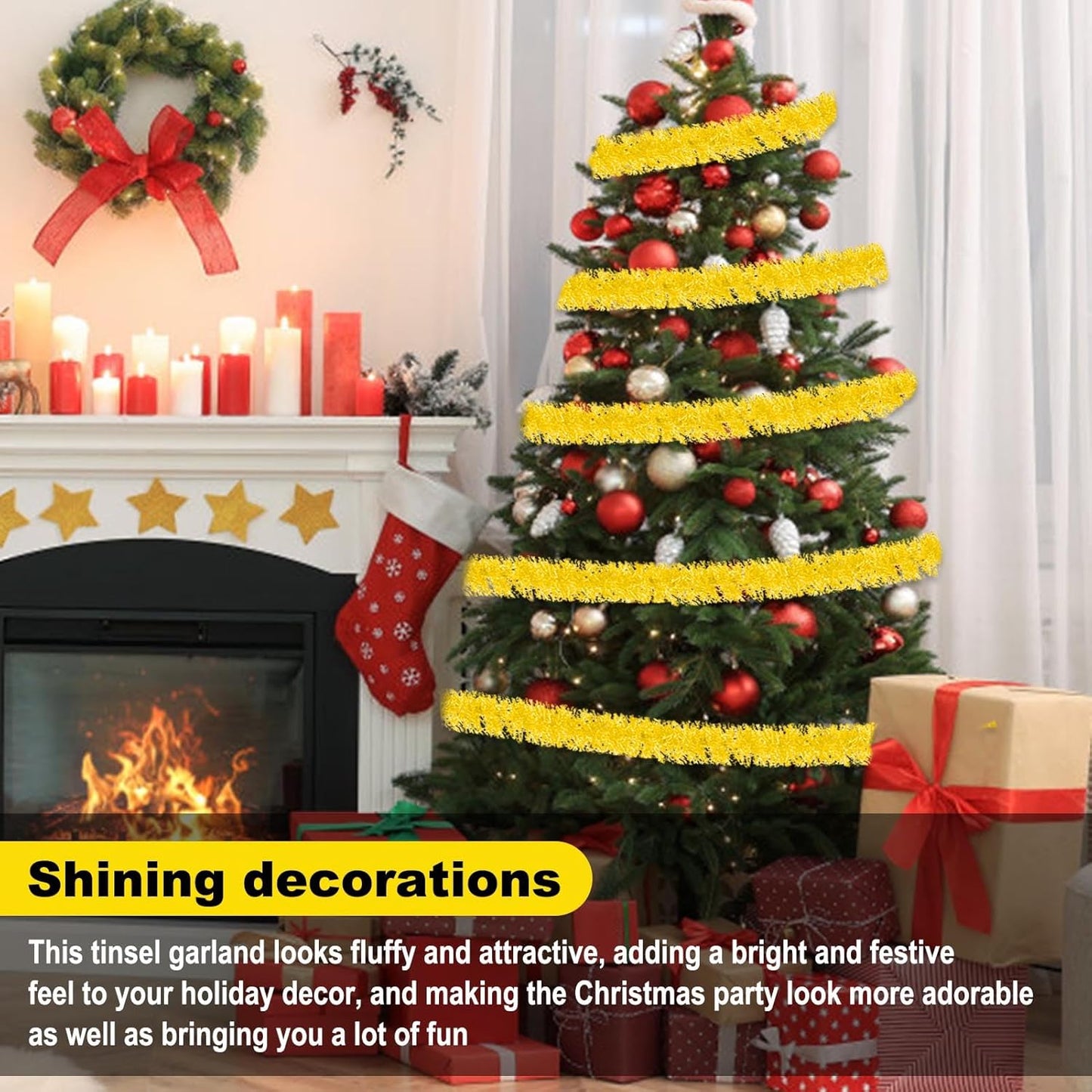 25 Feet Macaron Yellow Christmas Tinsel Garland, Metallic Foil Twist Garland Wall Hanging Tinsel Banner Backdrop for Parade Floats, Easter, Mother's Day, Birthday Party Decorations (4in x 25ft)