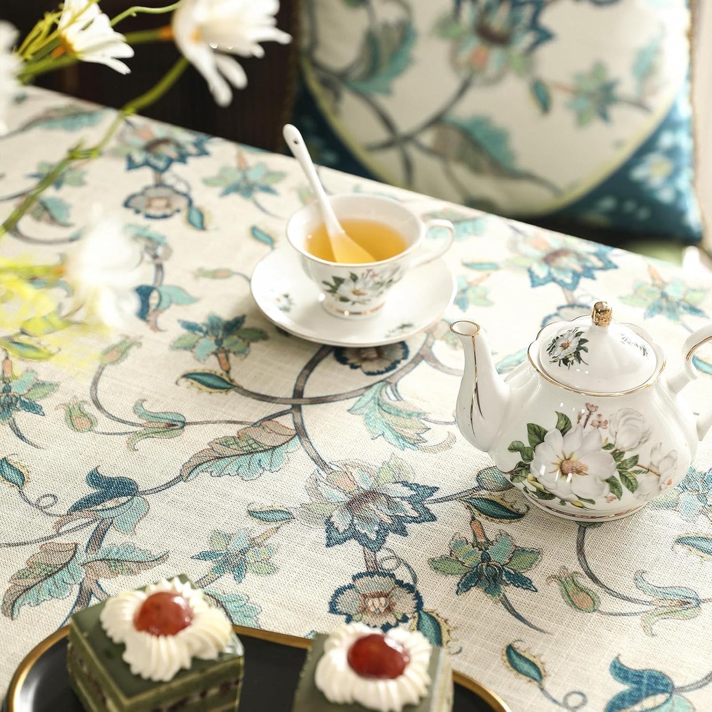 patdrea Designer Green Linen Table Cloth for Rectangle Table,Vintage Floral Pattern Durable Tablecloth,French Cover Decor for Kitchen Dining,Christmas,Thanksgiving,Tea Party,63"x87"-Noah