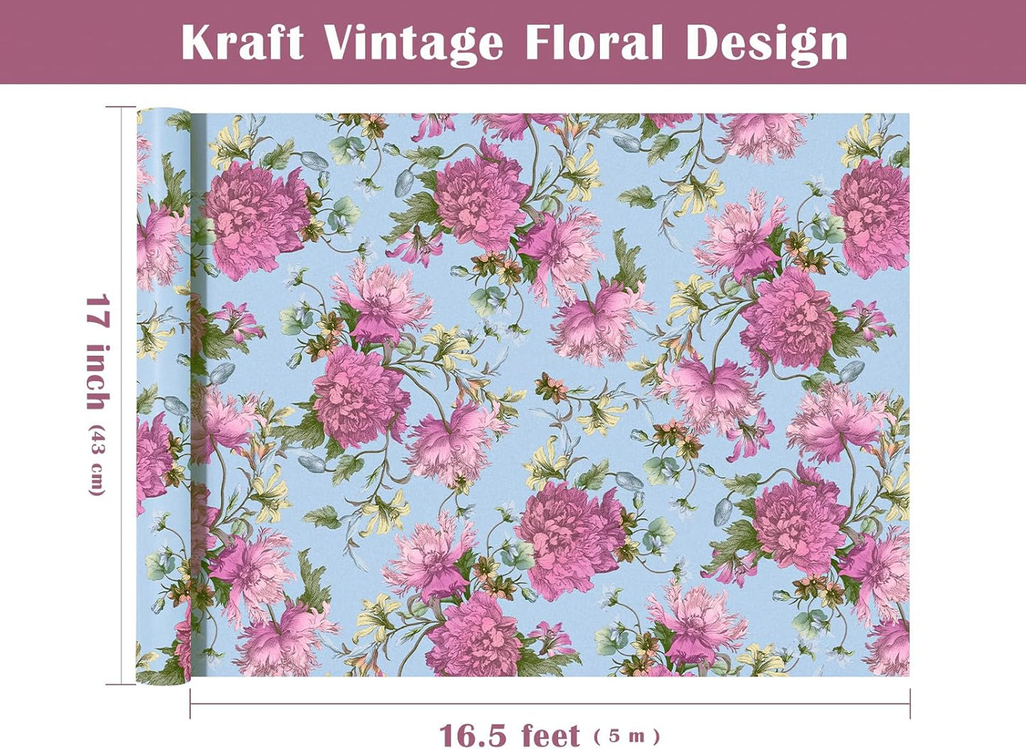 WRAPAHOLIC Kraft Floral Wrapping Paper Roll - Mini Roll - 17 Inch x 16.5 Feet - Vintage Flower Wrapping Paper Perfect for Wedding, Birthday, Bridal Shower, Tea Party