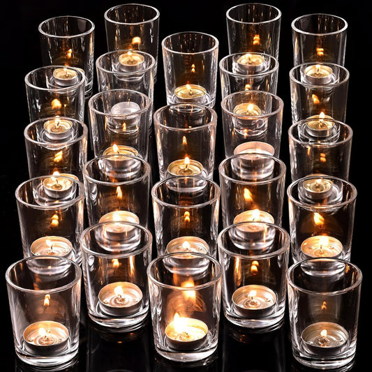 DARJEN 24Pcs Clear Votive Candle Holders- Clear Tea Lights Candle Holder, Glass Candle Holders Bulk for Wedding Centerpieces, Party Decor & Table Centerpiece