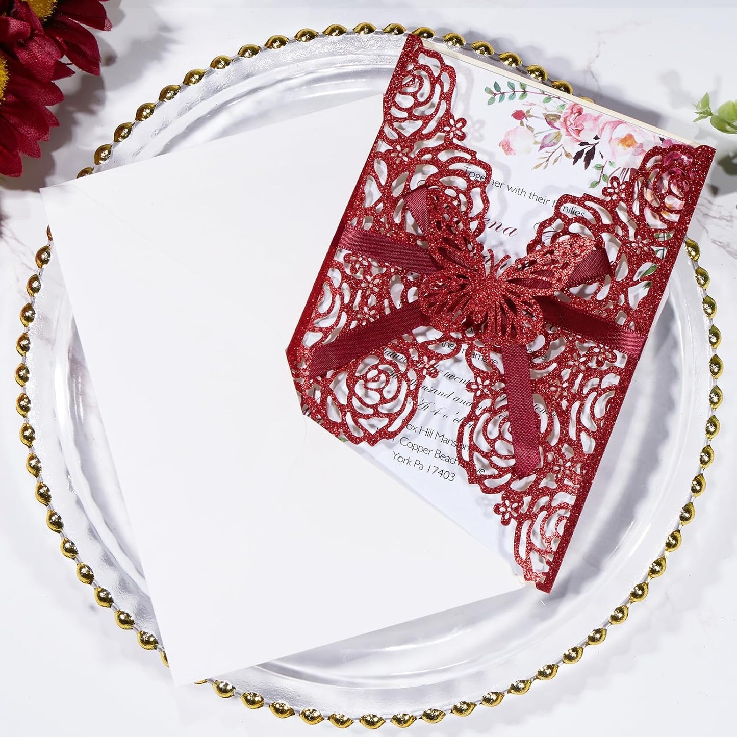 50pcs Burgundy Glitter Wedding Invitation Butterfly Rose Laser Cut Invitation Sleeve with Personalized Invitations Card, White Envelopes, for Wedding Bridal Shower Engagement (Default Blank Card)
