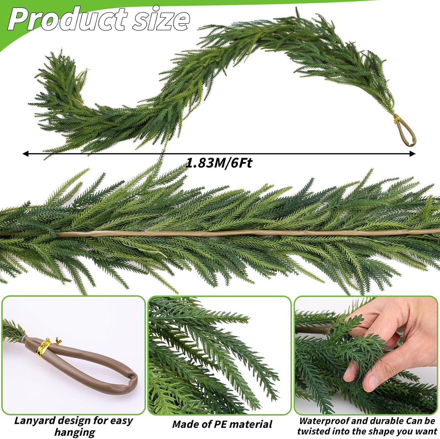 1 Pcs Artificial Norfolk Pine Garlands Christmas, 6 FT Dense Real Touch Winter Pine Garland Ornament, Green Artificial Greenery Garland for Table, Mantle, Wall, Indoor, Outdoor Christmas Decorations