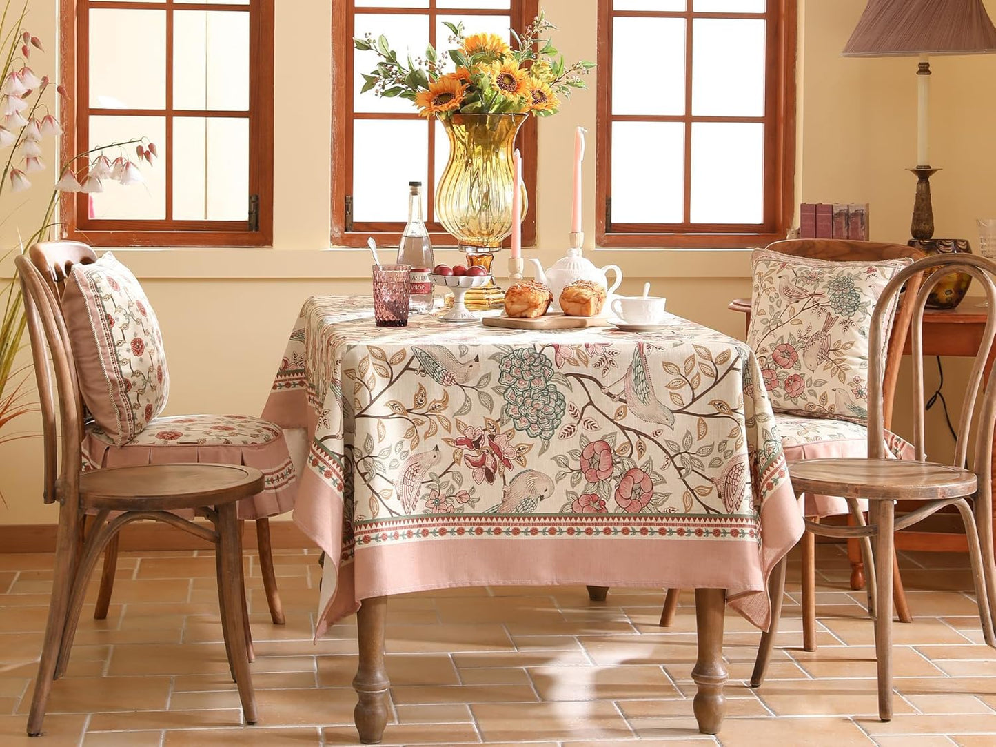 patdrea Designer Pink Linen Table Cloth for Rectangle Table,Vintage Floral with Birds Pattern Decorative Tablcloth,French Table Cover for Kitchen Dining,Thanksgiving,Christmas,63"x110"-Kulom a