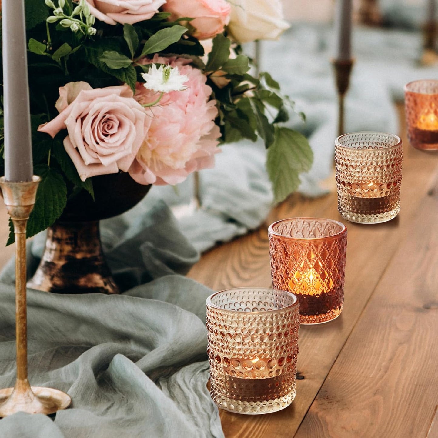 12 pcs Glass Votive Candle Holders, 6 Colors 3 Patterns Tealight Candle Holders for Fall Wedding Table Centerpiece Birthday Decoration