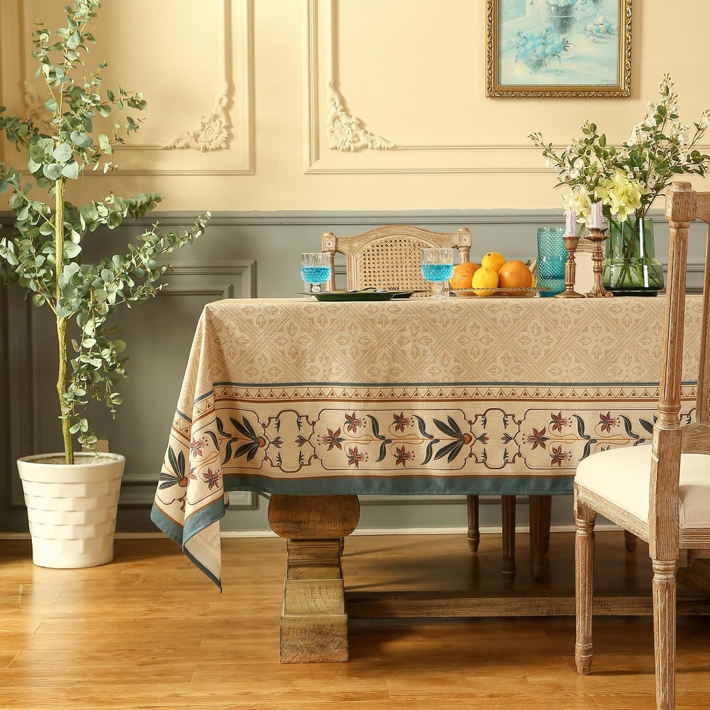 patdrea Designer French Linen Extra Long Tablecloth for Rectangle Table,Beige Anti-Wrinkle Floral Farmhouse Table Cloth,Decor Covers for Kitchen Dining,Party,Christmas,Thanksgiving,67"x118"-Fram