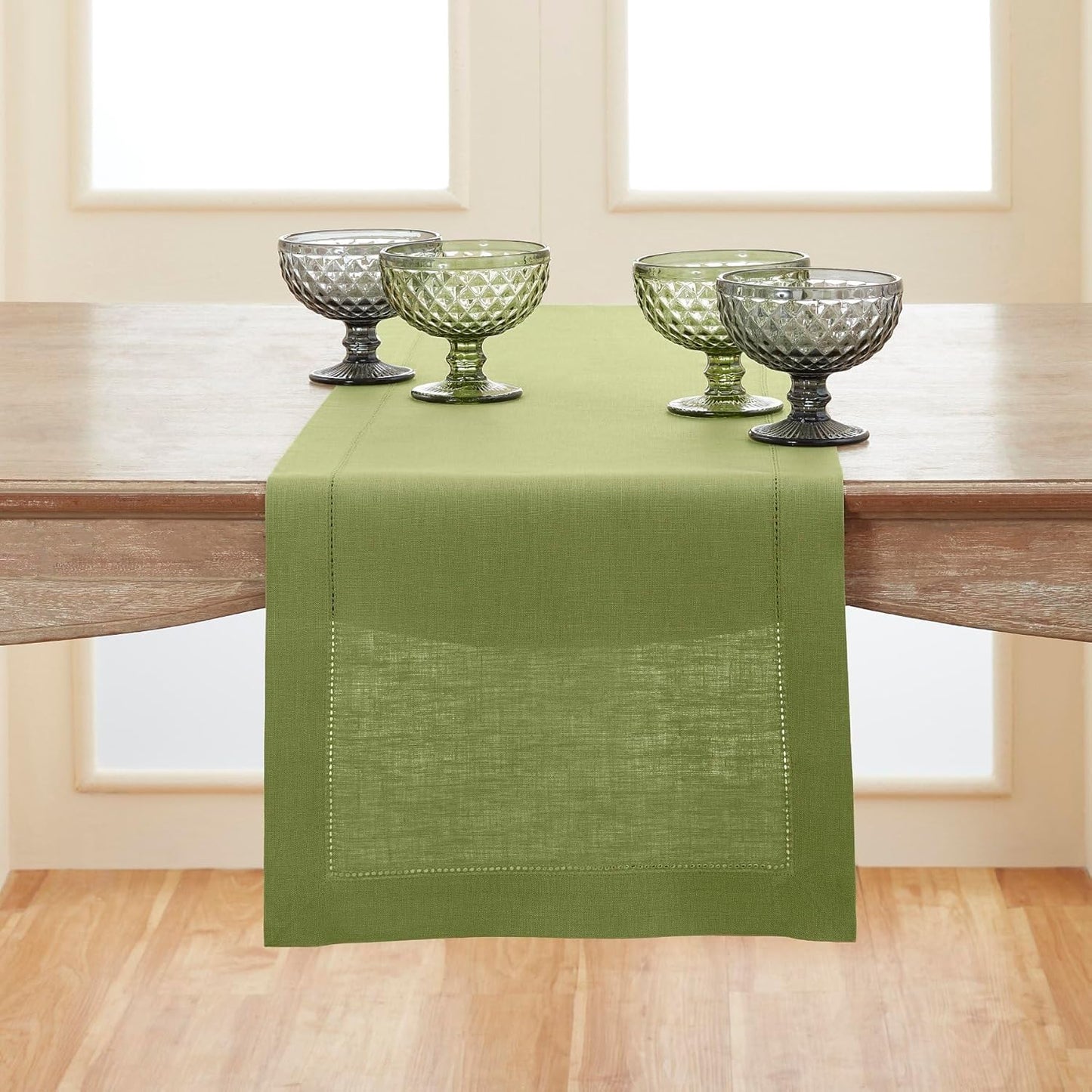 Solino Home Linen Moss Green Hemstitch Table Runner 48 Inches - 100% Pure Linen Small Table Runner 14 x 48 Inch Ideal for Dresser and Coffee Tables - Classic Hemstitch - Fall, Halloween, Thanksgiving