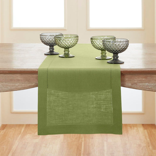 Solino Home Linen Moss Green Hemstitch Table Runner 48 Inches - 100% Pure Linen Small Table Runner 14 x 48 Inch Ideal for Dresser and Coffee Tables - Classic Hemstitch - Fall, Halloween, Thanksgiving