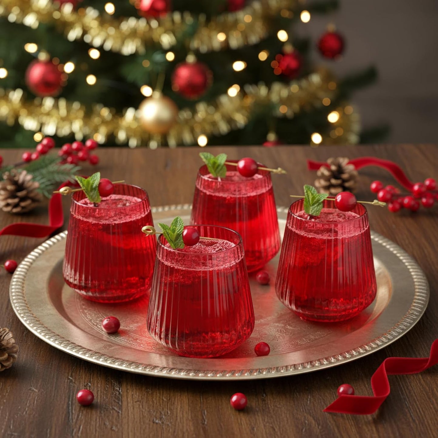 Suclain Plastic Wine Glasses Ribbed Stemless Wine Glasses 14oz Vertical Design Unbreakable Cups for Outdoor Indoor Vintage Elegant Champagne Whiskey Cups for Party Wedding(Red,50 Pcs)