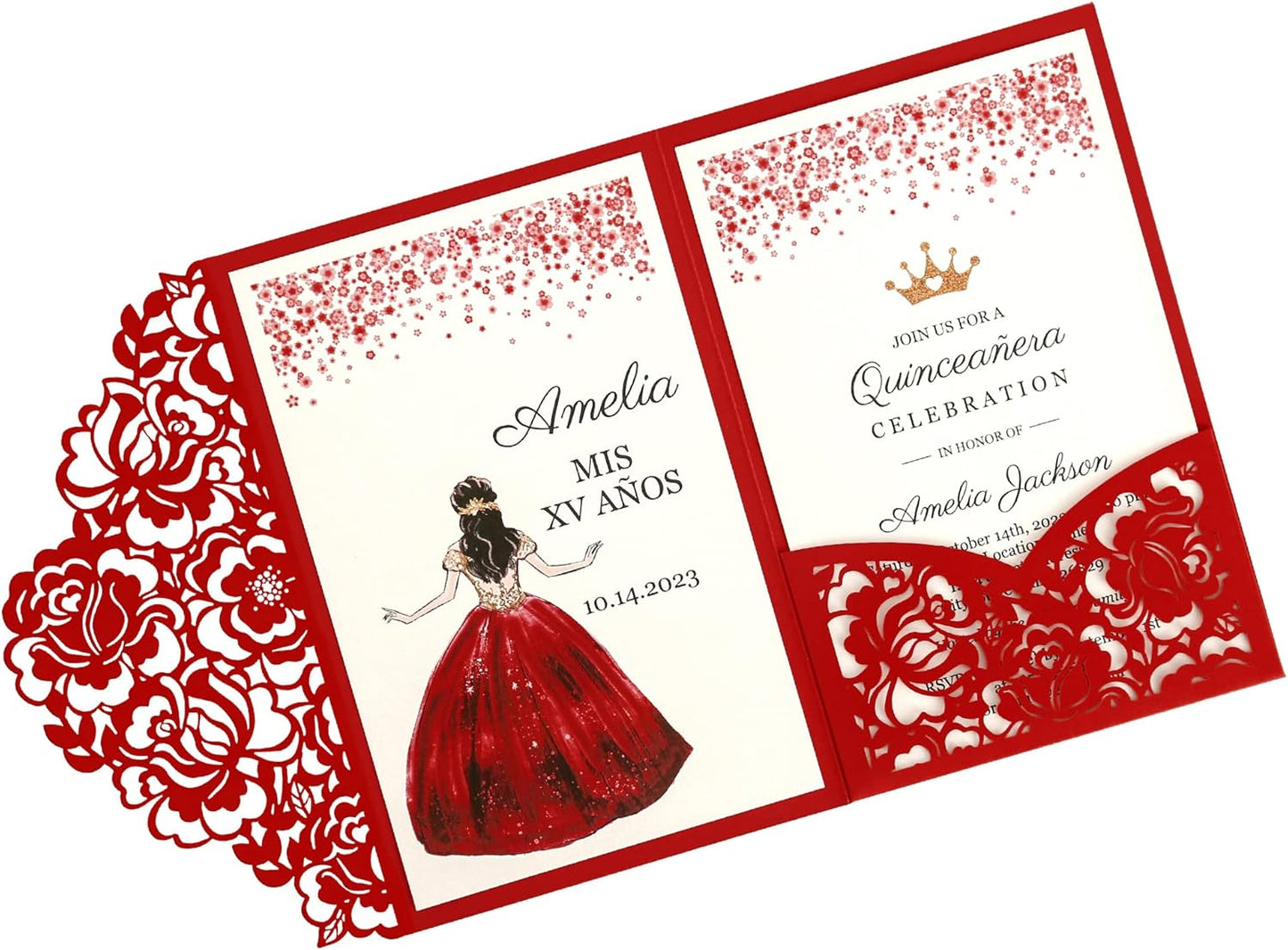 DORIS HOME 50pcs Laser Cut Quinceanera Invitations Red, 4.7x7.1 Personalized Quince Invitations for 15th Birthday, Invitation cards for Sweet 16 with Envelopes