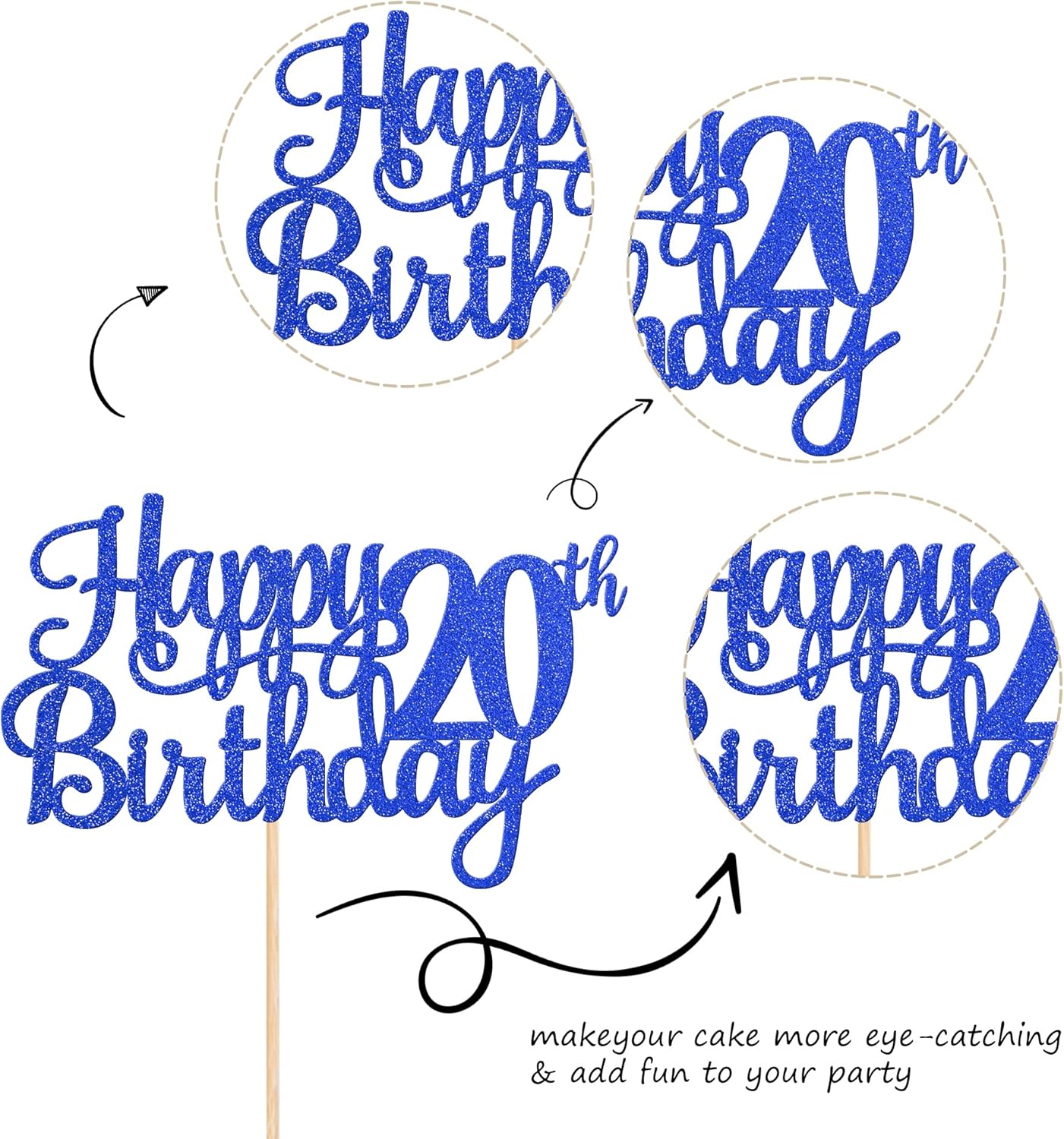 1 PCS Happy 20th Birthday Cake Topper Glitter Cheers to 20 Years Birthday Cake Pick Twenty 20 Fabulous Cake Decoration for Happy 20th Birthday Theme Party Decorations Supplies Blue
