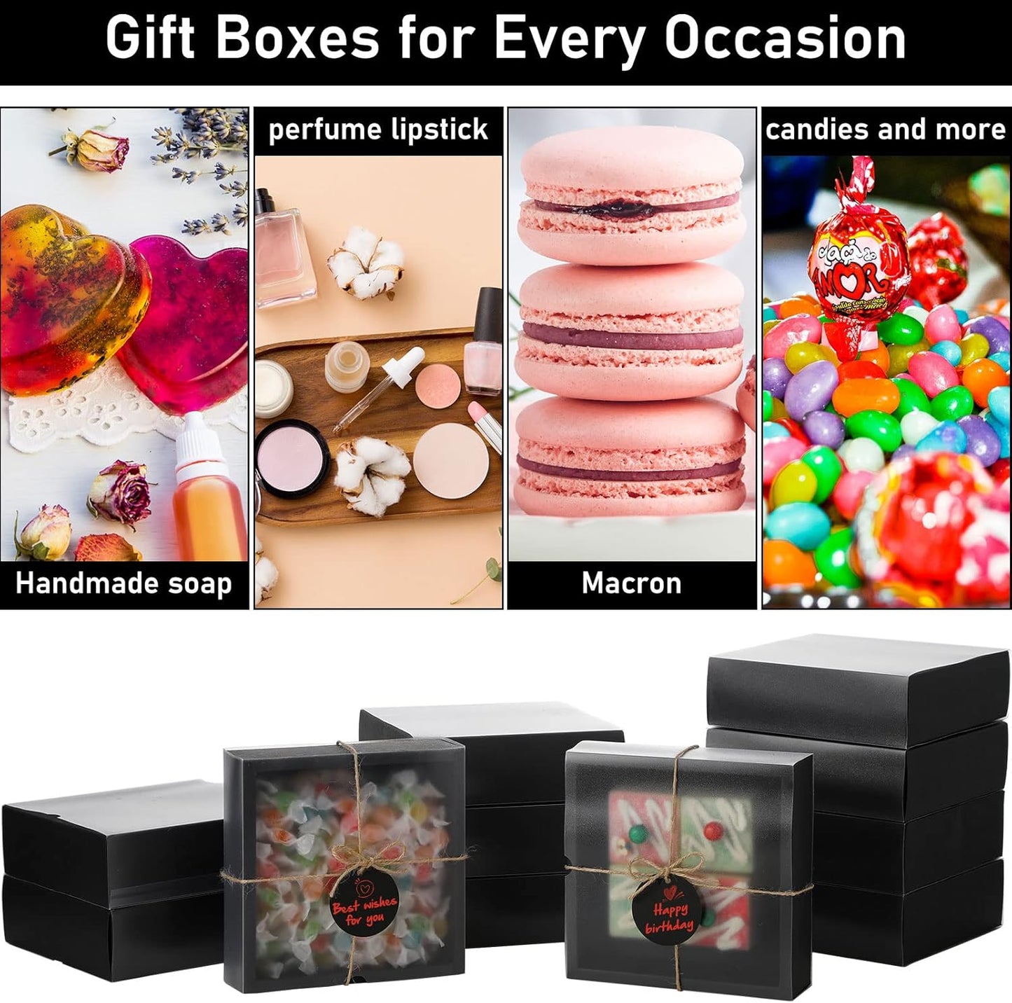 Roowest 50 Sets Kraft Soap Boxes Rectangle Packaging Box with Window Homemade Gift Box with Blank Tags and Jute String for Jewelry Candy Wrapping Party Favor(6.5 x 6.5 x 2 Inch,Black)