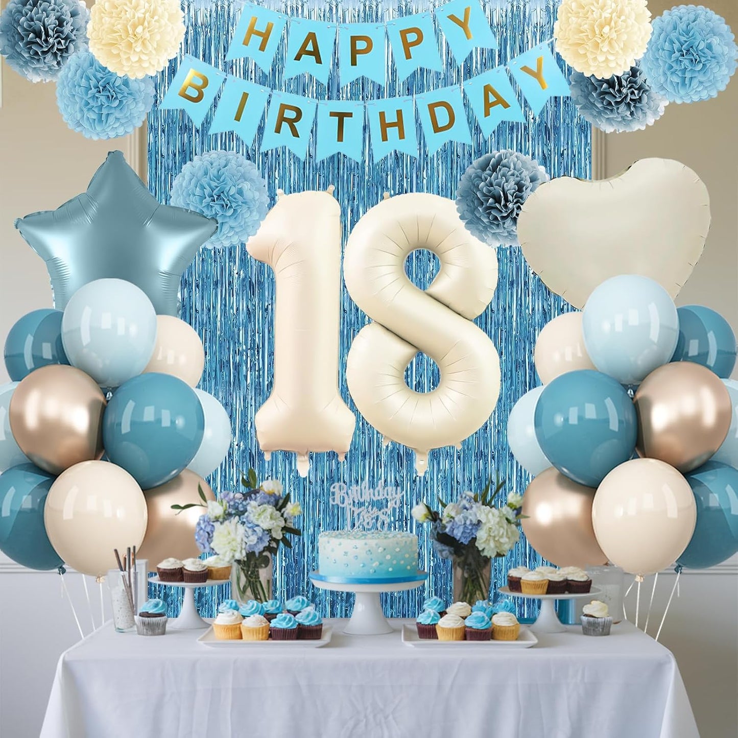 Dusty Blue 18th Birthday Party Decorations Boys Girls Beige Cream Number 18 Balloon with Blue Gold Happy Birthday Banner Fringe Curtain Paper Pom Poms Nude White Sand Champagne Star Foil Balloons