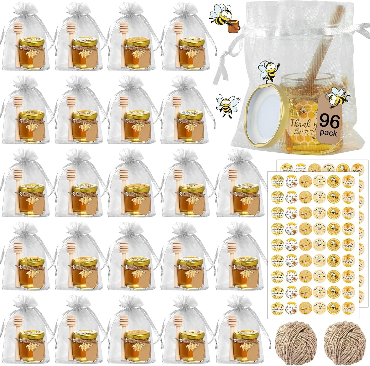 Aliggbent 96 Pack Mini Honey Jars Party Favors in Bulk, 1.5 oz Small Hexagon Glass Honey Jars with Dippers, Lids, Cute Stickers, Bee Charms, Gift Bags and Jute for Baby Showers, Weddings & Birthdays