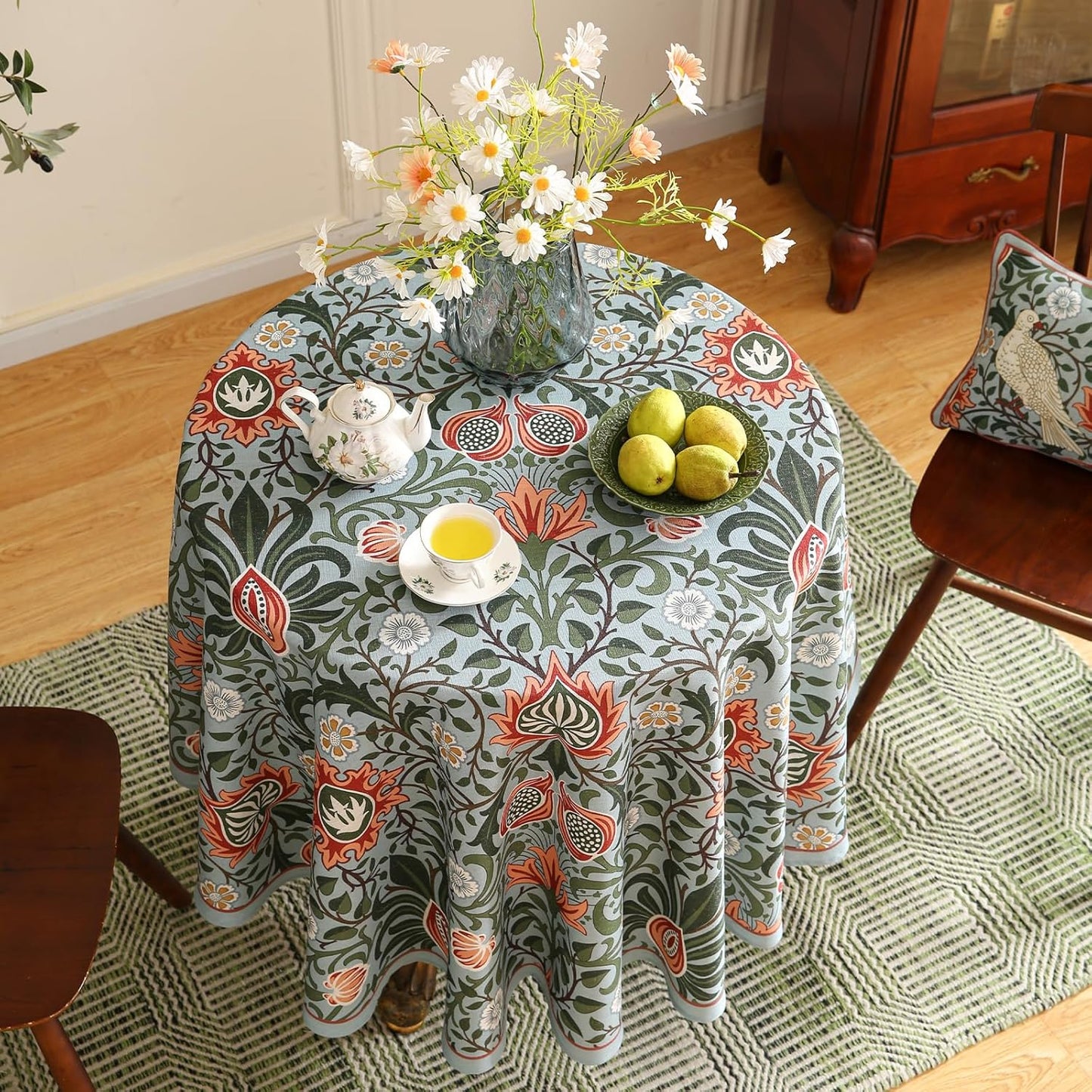 ISAENNE Designer Bohemian Linen Green Round Tablecloth,Floral Indoor Table Cloth,Stain Resistant Decor Tablecloths for Dining Thanksgiving Kitchen Party Christmas,Diameter 67"-Naples