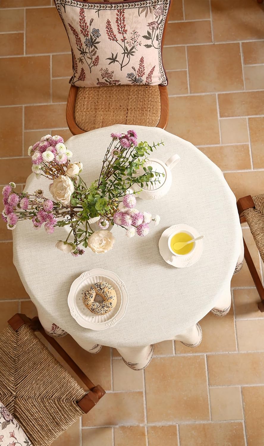 ISAENNE French Tablecloth for Round Tables,Linen Table Cloth with Colorful Flowers Pattern,Heavy Durable Table Cover for Dining Thanksgiving Kitchen Decor Party Christmas,Diameter 55"