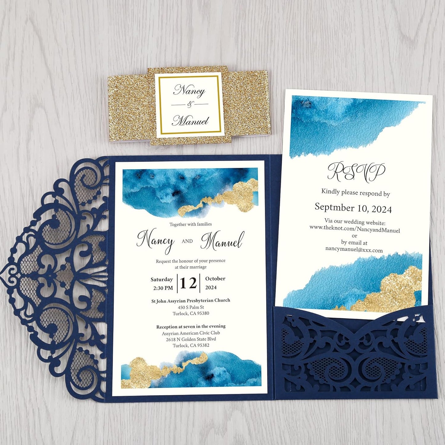 DORIS HOME 50PCS Laser Cut Wedding Invitations with Envelopes and RSVP Cards Personalized Inner With Gold Glitter Belly Band for Wedding Engagement Bridal Shower Party Invite 4.7x7 Inch Navy Blue