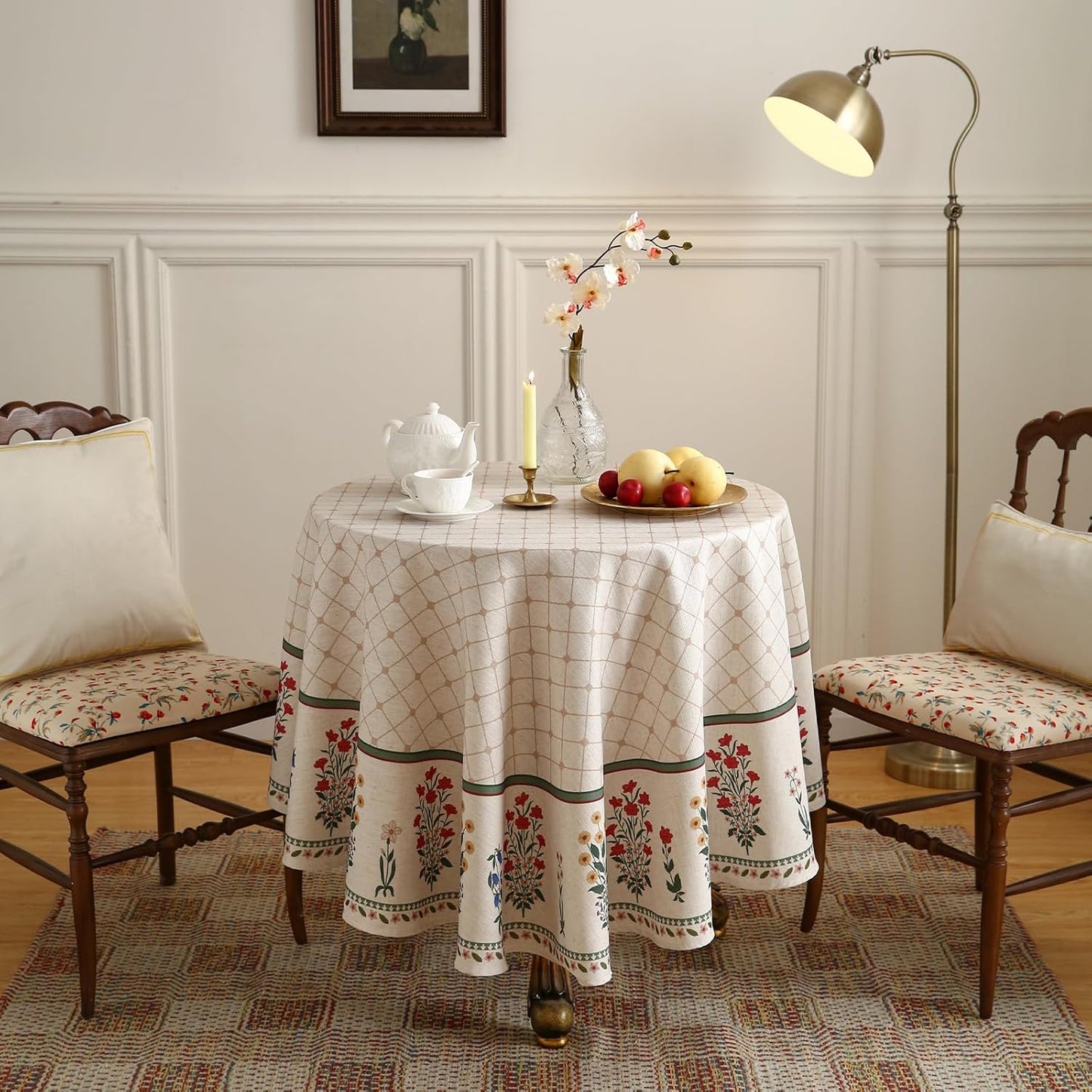 ISAENNE Designer Vintage Linen Floral Small Round Tablecloth,Fall Colorful Modern Table Cloth,Anti-Wrinkle Decor Tablecloths for Dining Thanksgiving Kitchen Christmas,Diameter 55"-Bertina E