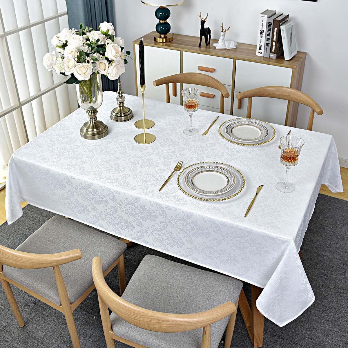 Rectangle Table Cloth - 60 x 120 Inch White Jacquard Tablecloths Damask Design Spillproof Wrinkle Resistant Shrinkproof Soft Tablecloth Polyester Oblong Table Cover for Kitchen Dinning Party Tabletop