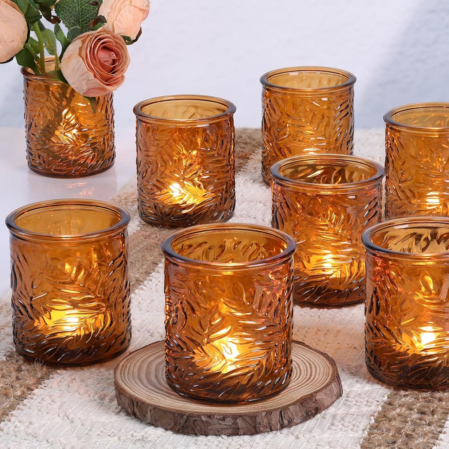 24 pcs Amber Votive Candle Holders, Tea Light Candle Holders for Wedding Centerpieces, Glass Candle Holder for Vintage Home Christmas Decoration Party Supplies