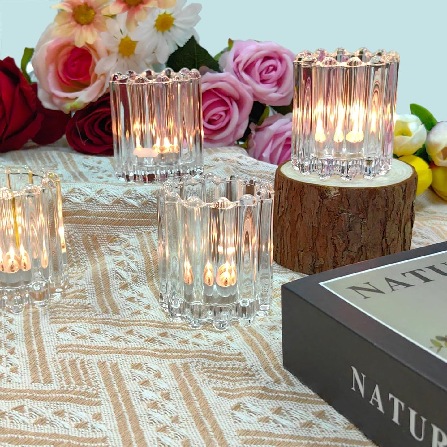 GOLDEAL 24Pcs Clear Glass Votive Candle Holders, Heavy-Duty Extra Thick Tealight Holders with High Transparency, Tea Candle Holders Bulk for Wedding, Party, Dinner, Home Table Decor