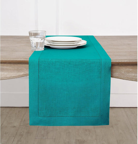 Solino Home Linen Hemstitch Table Runner 48 Inches - 100% Pure Linen Teal Table Runner 14 x 48 Inch Ideal for Dresser and Coffee Tables - Fall, Autumn, Thanksgiving, Christmas - Classic Hemstitch