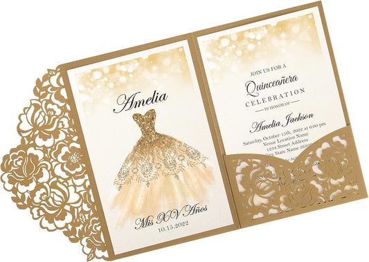 DORIS HOME 50pcs Laser Cut Quinceanera Invitations Gold, 4.7x7.1 Personalized Quince Invitations for 15th Birthday, Invitation cards for Sweet 16 with Envelopes