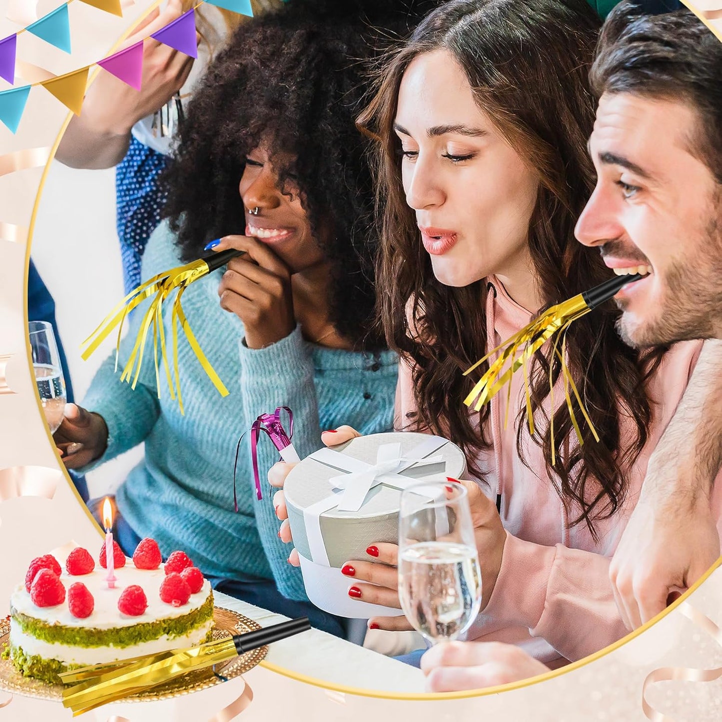 24 Pcs Glitter Noise Makers Metallic Fringed Party Blower for Adults Birthday Graduation New Years Party Favors Supplies (Gold)