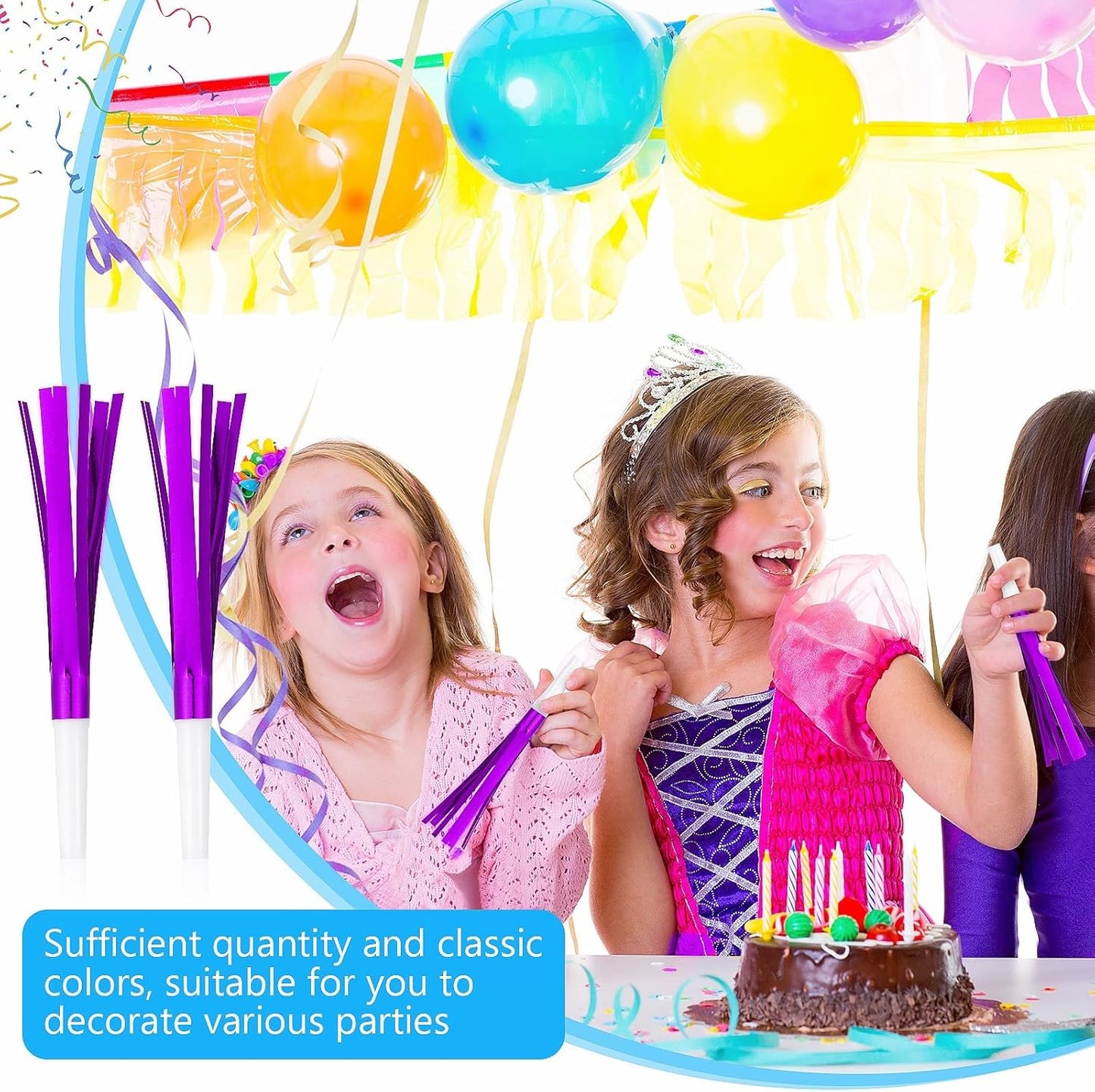 Noise Makers Party Horns, 24 Pack, Purple Metallic Glitter with Fringe, for Birthday, Wedding, New Year