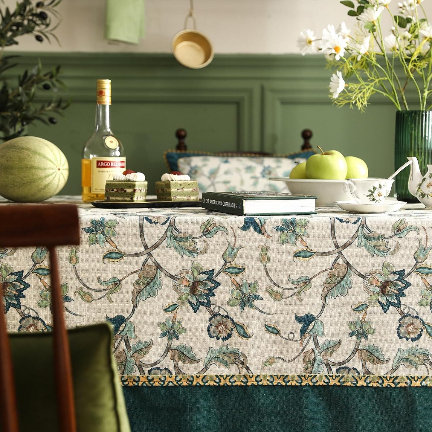 patdrea Designer Green Linen Table Cloth for Rectangle Table,Vintage Floral Pattern Durable Tablecloth,French Cover Decor for Kitchen Dining,Christmas,Thanksgiving,Tea Party,63"x87"-Noah