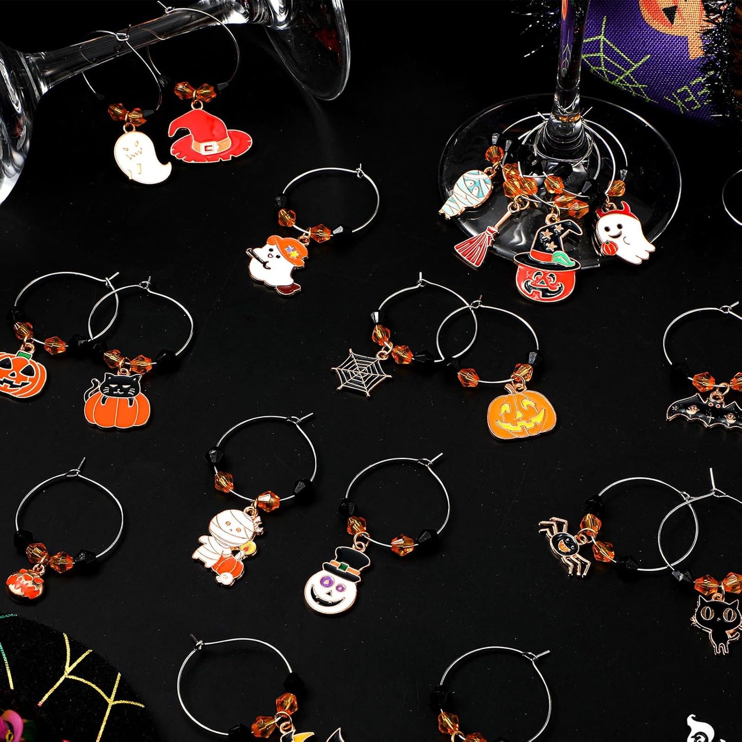 Inbagi 24 Pcs Halloween Wine Glass Charms Halloween Enamel Wine Charms Pendant Pumpkin Witch Hat Broomstick Mummy Castle Glass Markers Drink Identifier for Stem Halloweens Birthday Party Supply