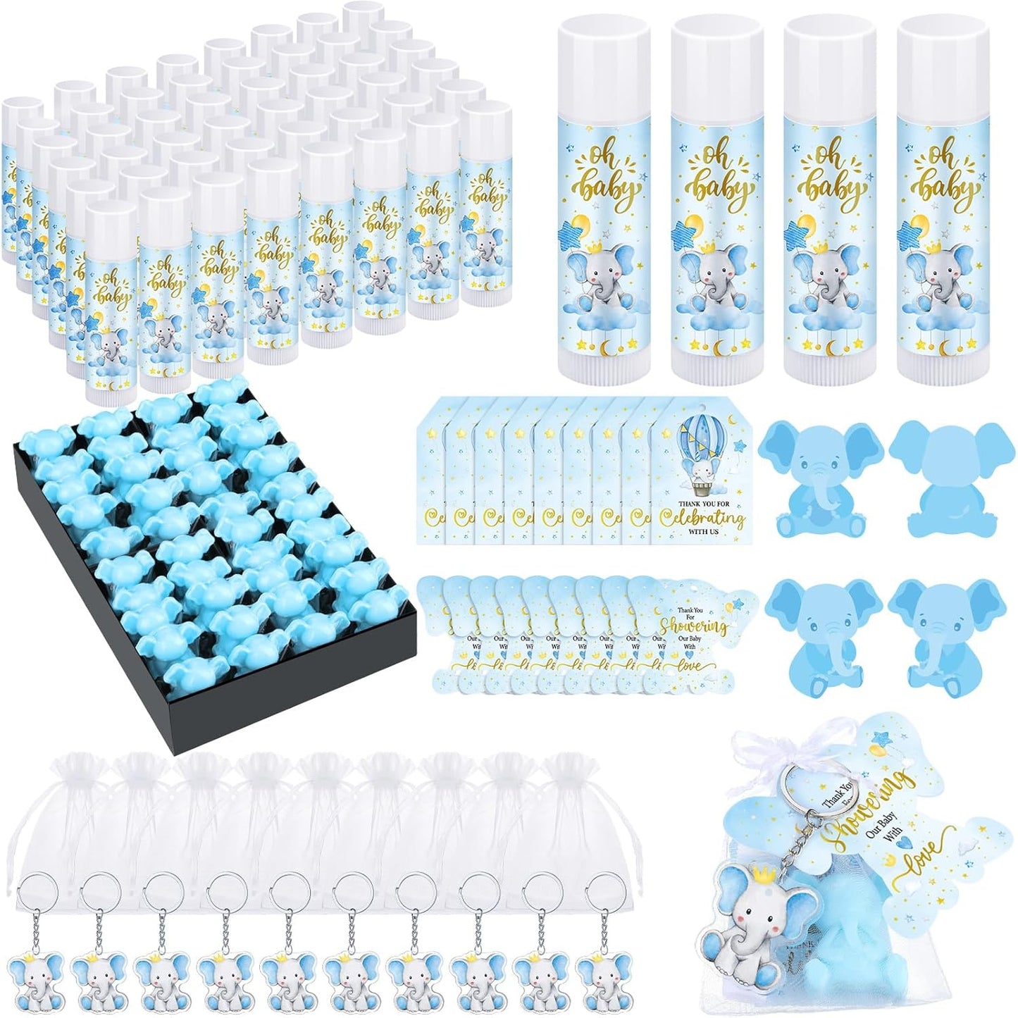 288 Baby Shower Favors Baby Shower Gifts Bulk Lip Balms Soaps Keychains Organza Bags Guest Appreciation Gift with Thank You Tags and Cards for Boys Girls Guest Gift(Blue,Elephant)