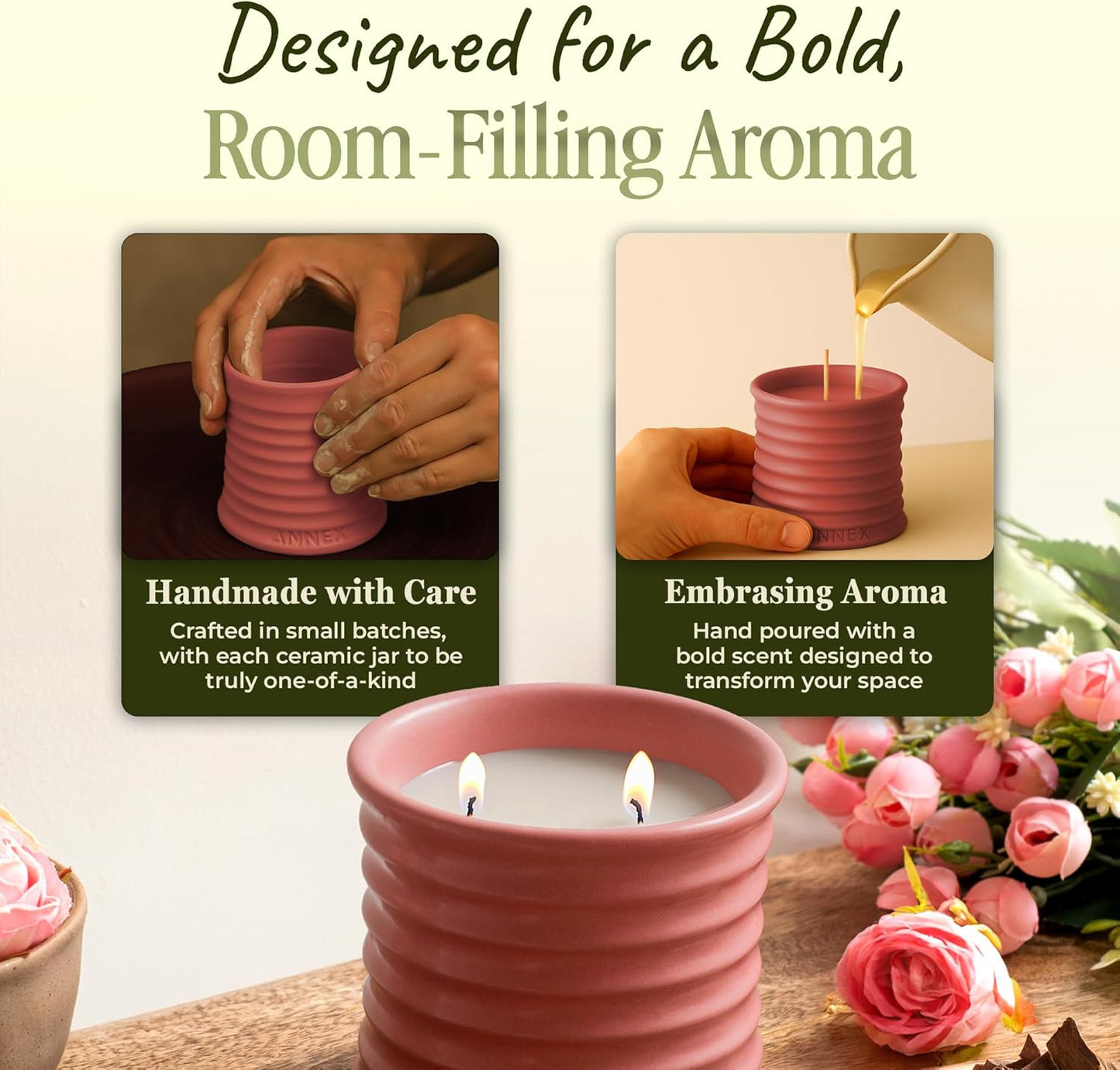 Scented Luxury Candles in Handmade Ceramic Jars, Soy Wax | Canal Rose – Rose Bud & Oud Scented, Large Candle | Non Toxic, 2 Wicks, Reusable Big Pink Jar | Natural Spring Aromatherapy for Women & Men