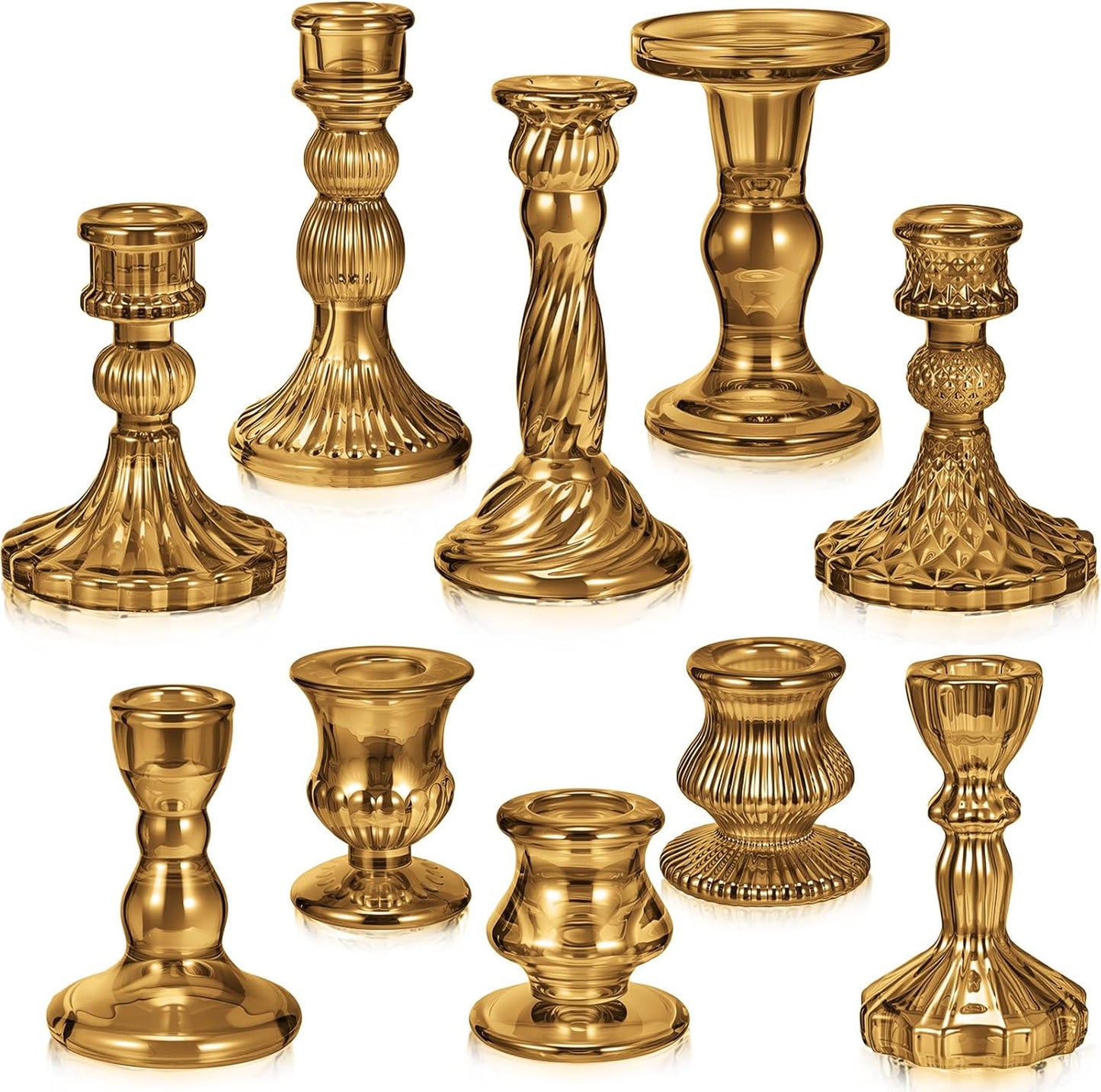 Mumufy 10 Pcs Glass Crystal Taper Candle Holders Clear Glass Candlestick Holder Fit 0.8 Inch Candles Crystal Decorative Candle Stand Centerpiece Table Wedding Dining Party (Classic,Brown)