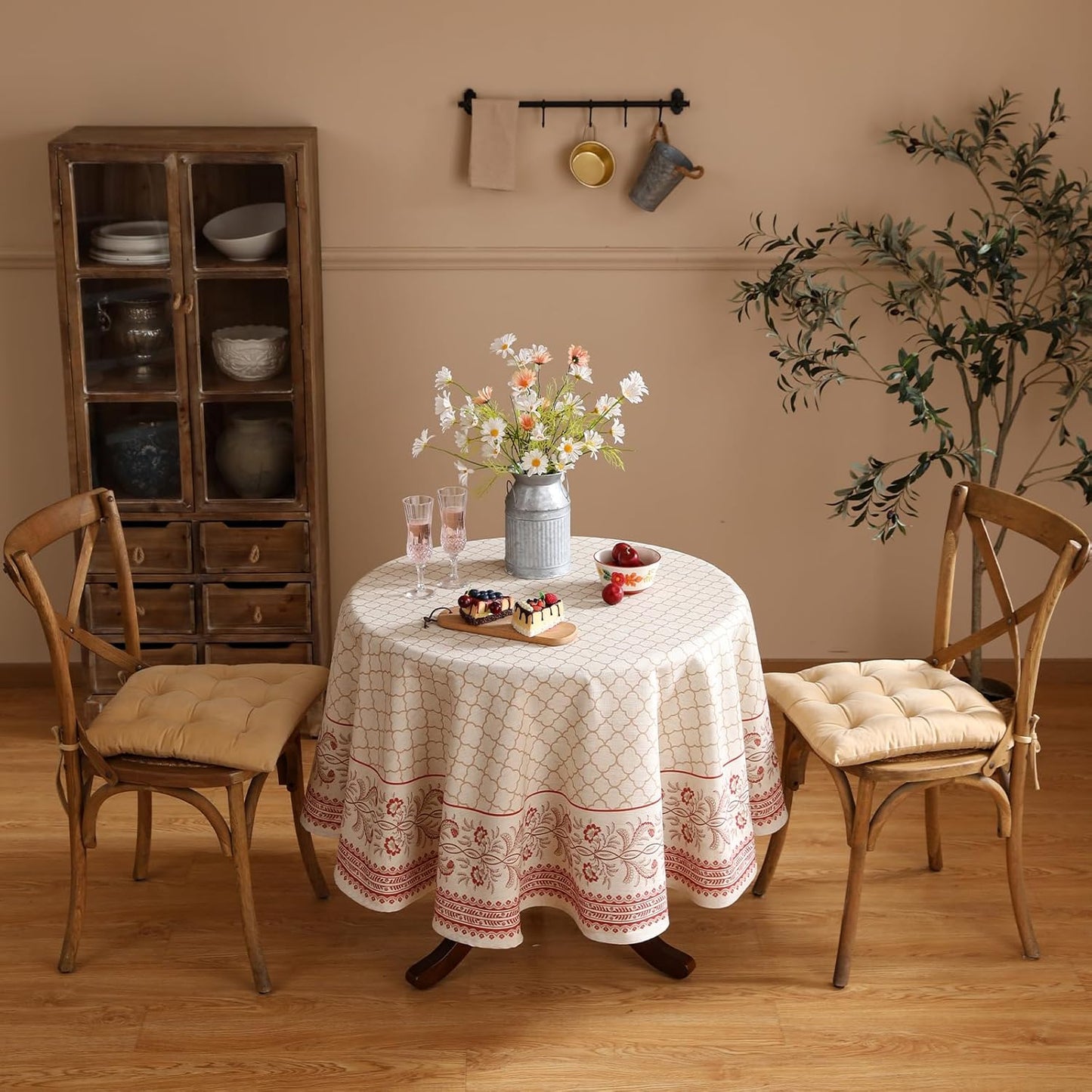 ISAENNE Designer Linen Floral Small Round Tablecloth,Pale Yellow Farmhouse Indoor Table Cloth,Durable Decor Tablecloths for Dining Kitchen Thanksgiving Christmas,Diameter 55"-Chamonix A