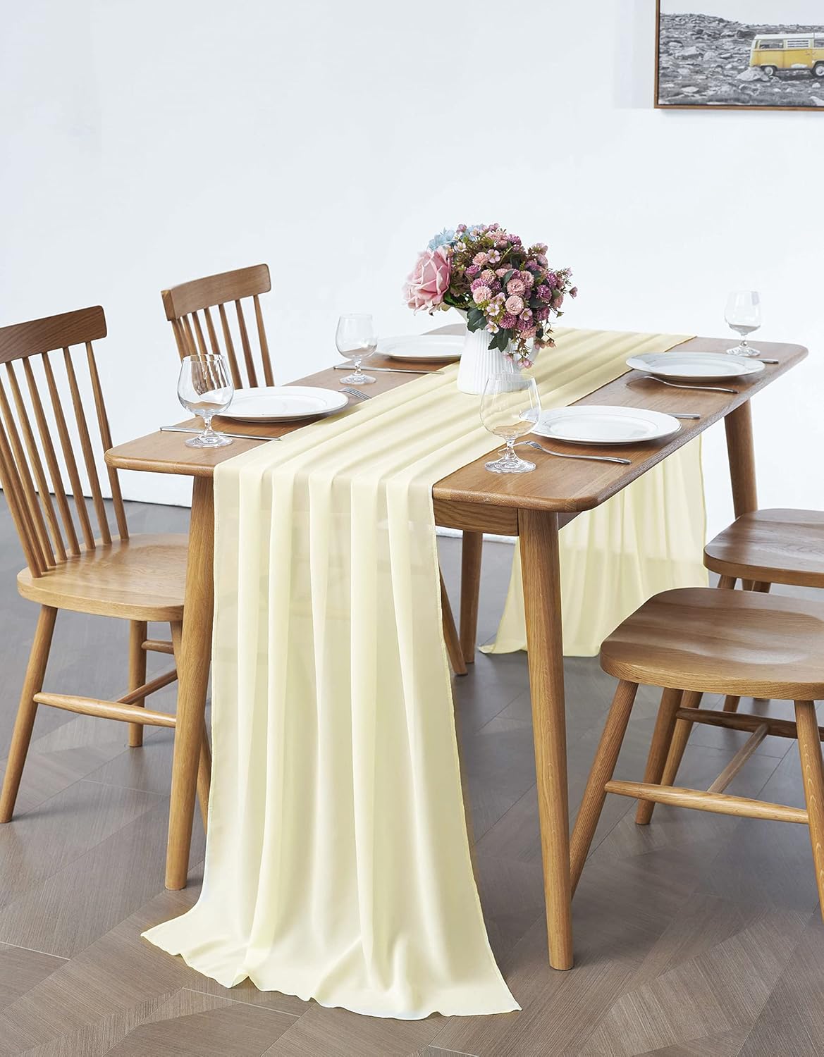 2 Pack 10Ft Light Yellow Chiffon Table Runner Sheer 29x120 Inch for Romantic Wedding Decor Bridal & Baby Shower Birthday Rustic Party Decoration