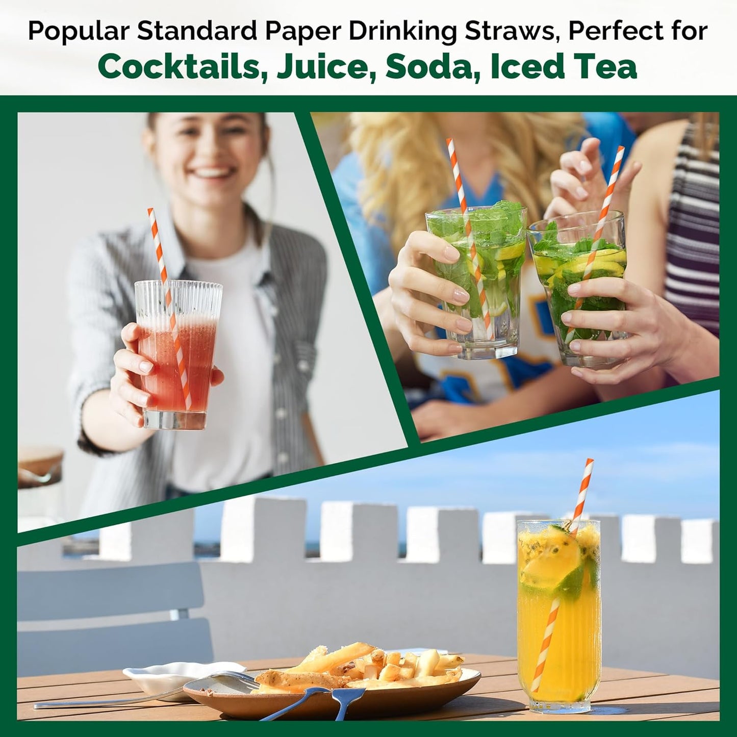 [1000 Count] Chunspak Orange/White Striped Paper Drinking Straws Bulk - 7.75"x0.24", Unwrapped - Biodegradable and Compostable
