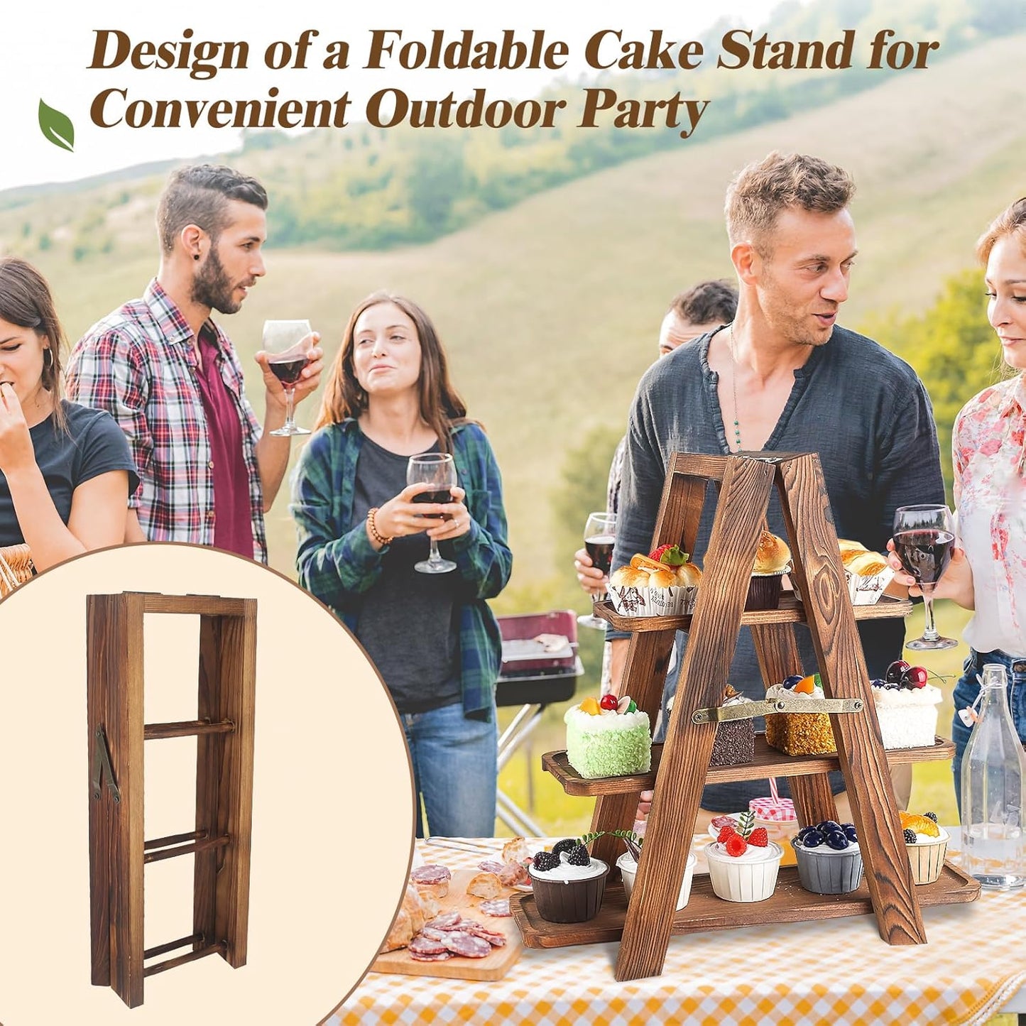 Wooden 3 Tier Cupcake Stand with Swing and Flower Decoration Serving Removable Tray Display Serving Ladder Foldable Stand with Serving Platter Tray Party Food Display Set for Cake Snack Fruit Chips Bread Centerpieces Catering