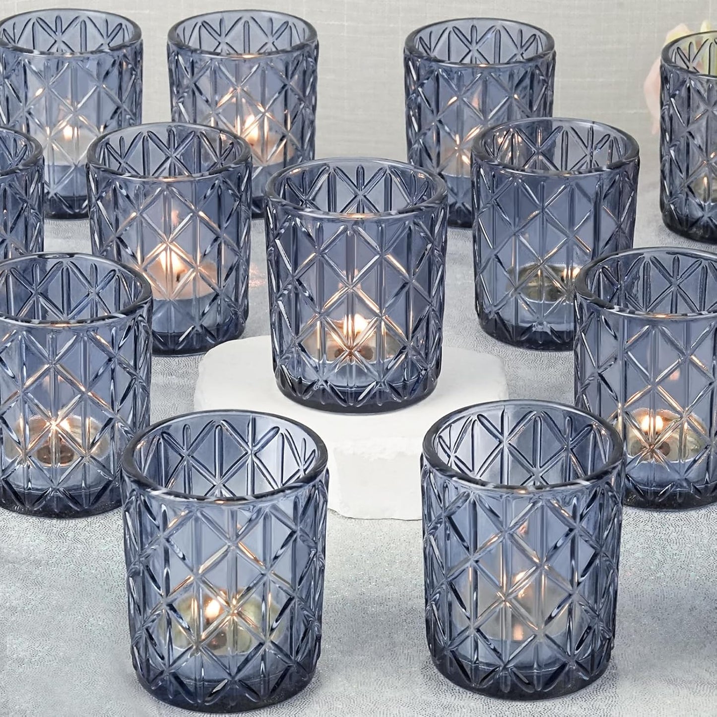 24pcs Blue Votive Candle Holders, Glass Votives Candle Holder in Bulk for Table Centerpieces, Tea Lights Candle Holder for Wedding Party Holiday Decor (Blue,24)